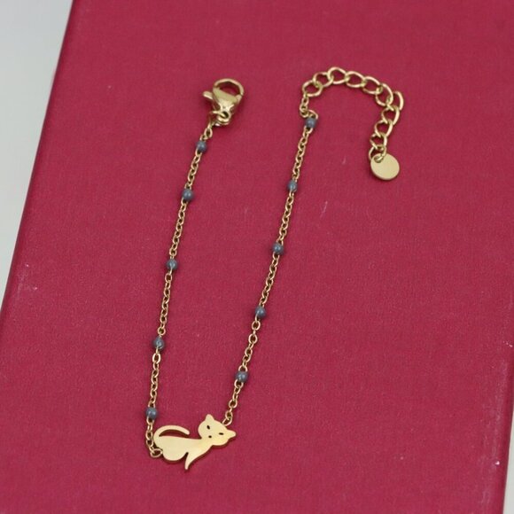 Cute Cat Design Yellow Gold Bracelet with Blue Bead Detailing, XPBL0614 - Picture 10 of 12